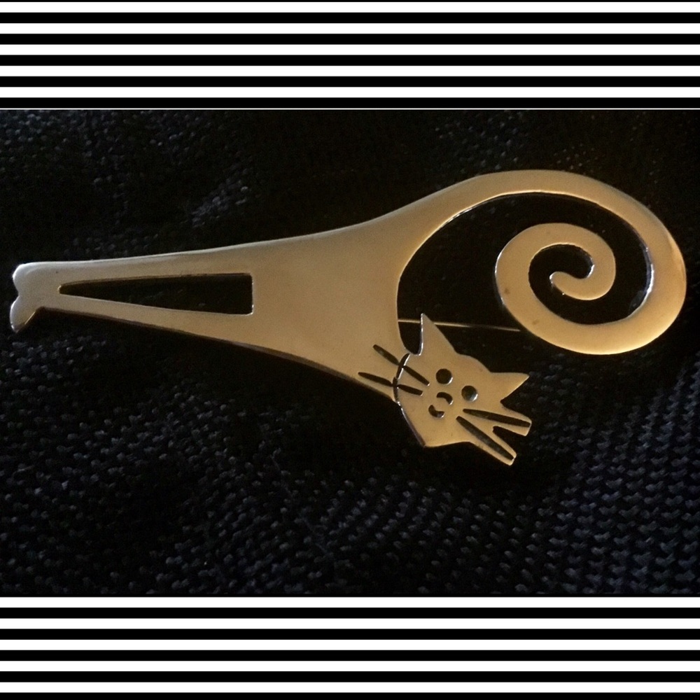 VINTAGE STERLING SILVER MODERNIST GRINNING CAT BROOCH 😻😻